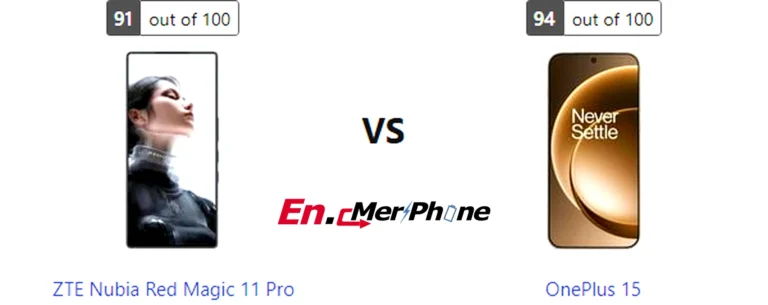 Infographic showing key specification differences between ZTE Nubia Red Magic 11 Pro and OnePlus 15