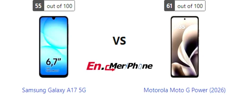 UI interface screenshot comparison of Samsung Galaxy A17 5G vs Motorola Moto G Power (2026)