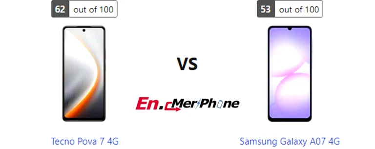 Infographic showing key specification differences between Tecno Pova 7 4G and Samsung Galaxy A07 4G