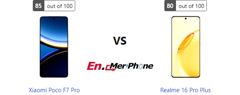 Infographic showing key specification differences between Xiaomi Poco F7 Pro and Realme 16 Pro Plus