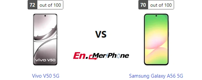 Infographic showing key specification differences between Vivo V50 5G and Samsung Galaxy A56 5G