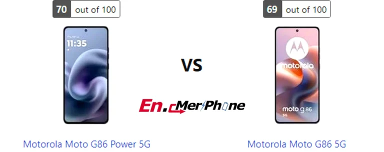 Side-by-side comparison image of Motorola Moto G86 Power 5G and Motorola Moto G86 5G front display
