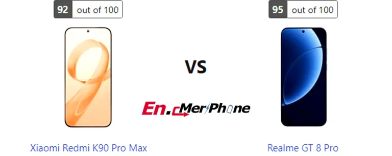 Side-by-side comparison image of Xiaomi Redmi K90 Pro Max and Realme GT 8 Pro front display