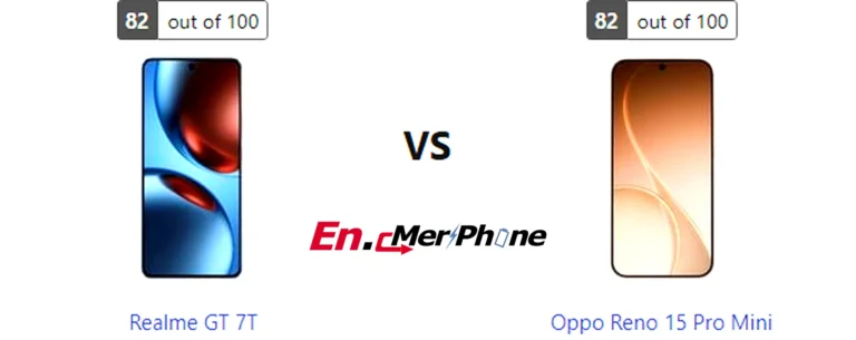 Side-by-side comparison image of Realme GT 7T and Oppo Reno 15 Pro Mini front display