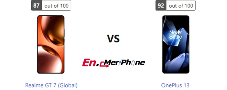 Side-by-side comparison image of Realme GT 7 (Global) and OnePlus 13 front display