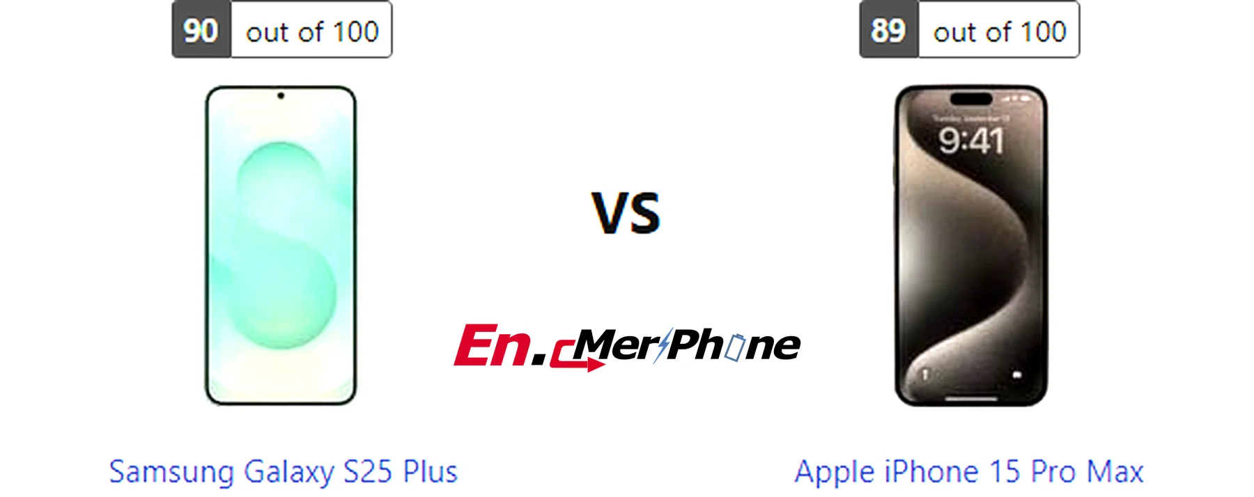 Side-by-side comparison image of Samsung Galaxy S25 Plus and Apple iPhone 15 Pro Max front display