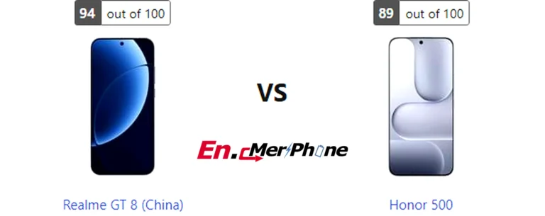 Back panel design comparison showing camera modules of Realme GT 8 (China) vs Honor 500