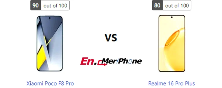 Infographic showing key specification differences between Xiaomi Poco F8 Pro and Realme 16 Pro Plus
