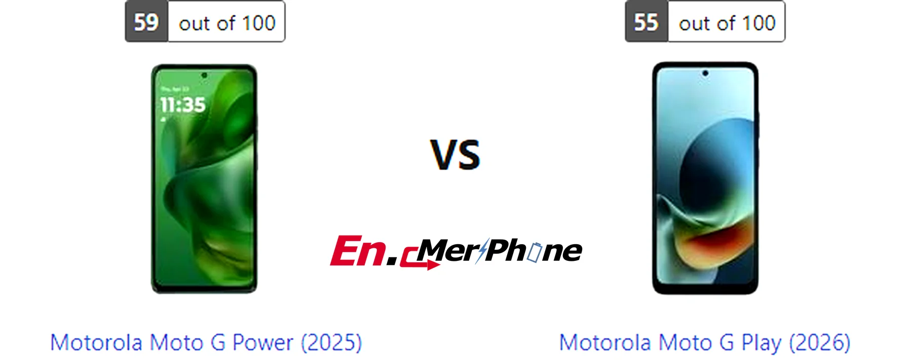 UI interface screenshot comparison of Motorola Moto G Power (2025) vs Motorola Moto G Play (2026)