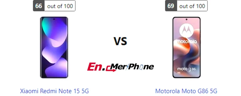 Outdoor screen visibility test showing Xiaomi Redmi Note 15 5G next to Motorola Moto G86 5G