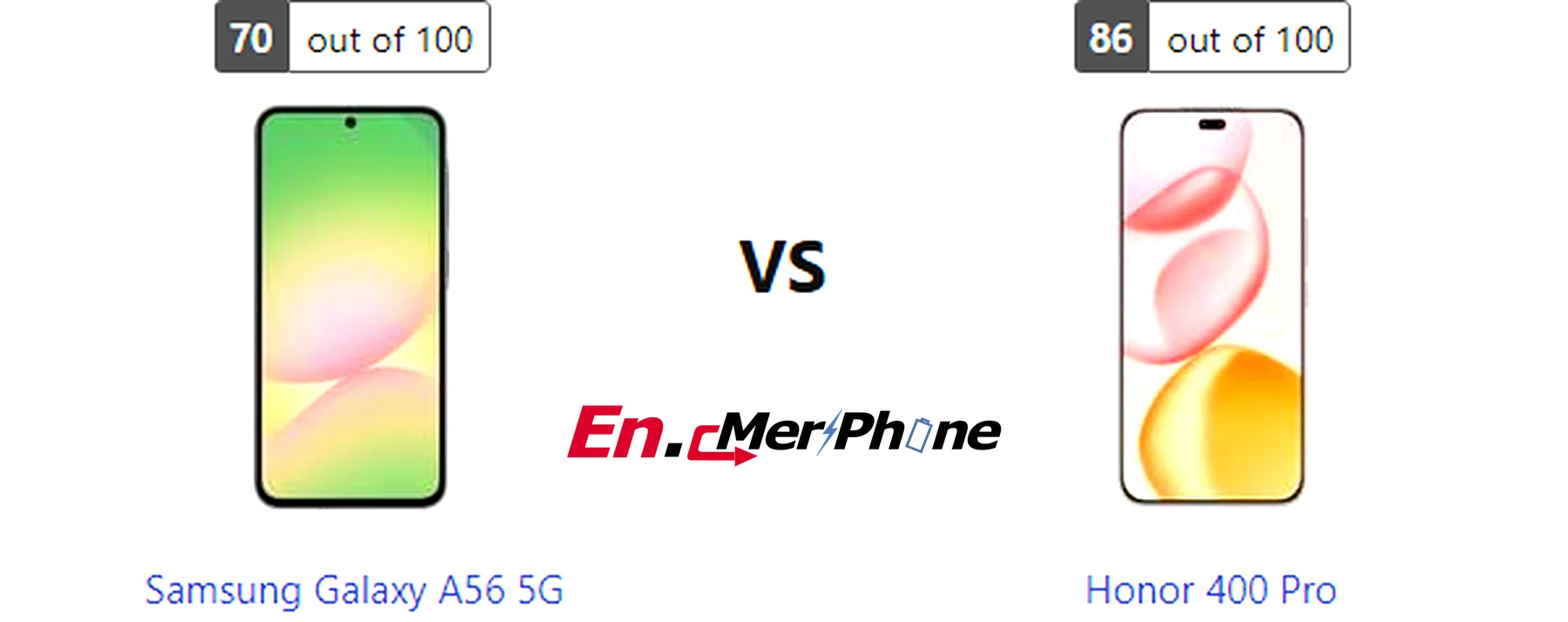 Side-by-side comparison image of Samsung Galaxy A56 5G and Honor 400 Pro front display