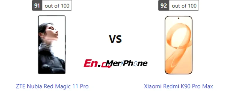 Side-by-side comparison image of ZTE Nubia Red Magic 11 Pro and Xiaomi Redmi K90 Pro Max front display