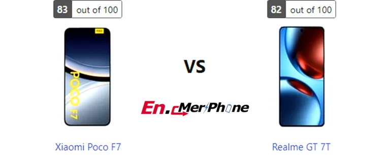 Side-by-side comparison image of Xiaomi Poco F7 and Realme GT 7T front display