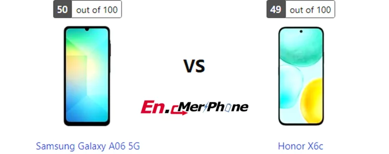 Infographic showing key specification differences between Samsung Galaxy A06 5G and Honor X6c