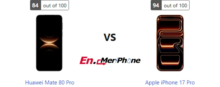 Side-by-side comparison image of Huawei Mate 80 Pro and Apple iPhone 17 Pro front display