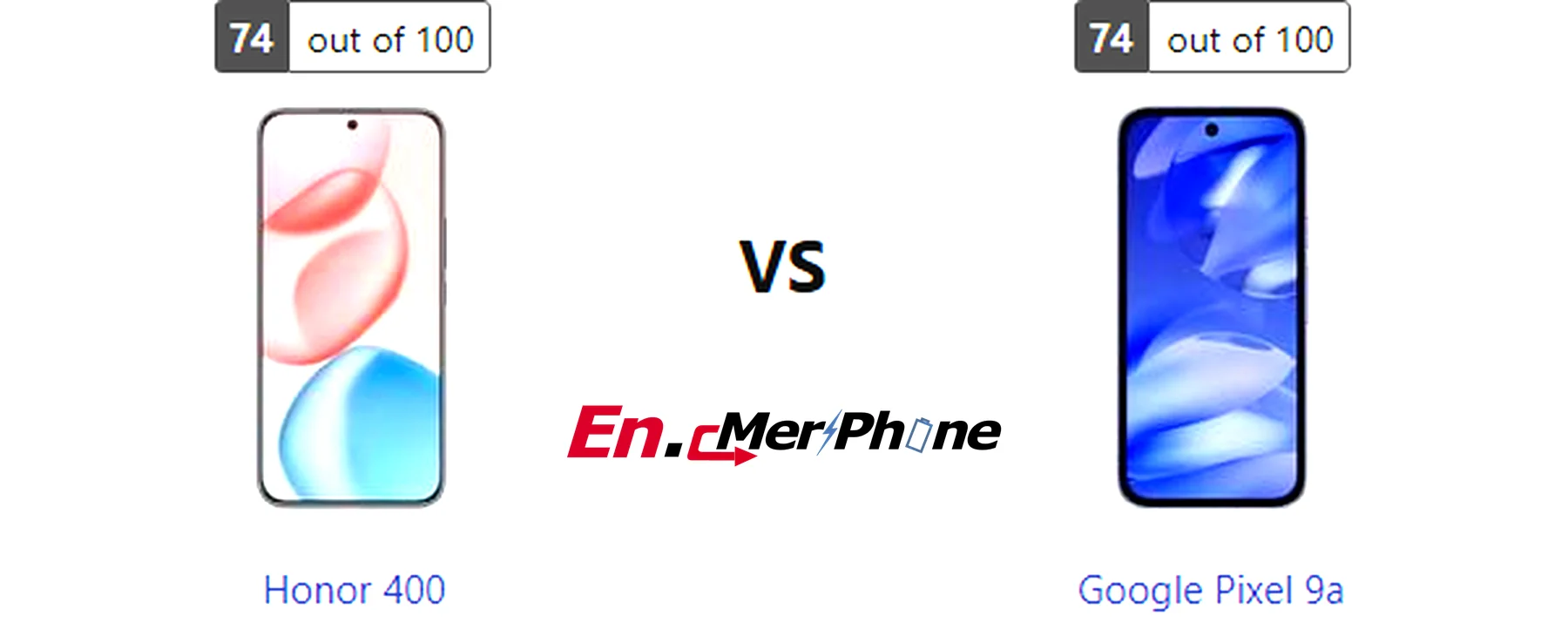 Side-by-side comparison image of Honor 400 and Google Pixel 9a front display