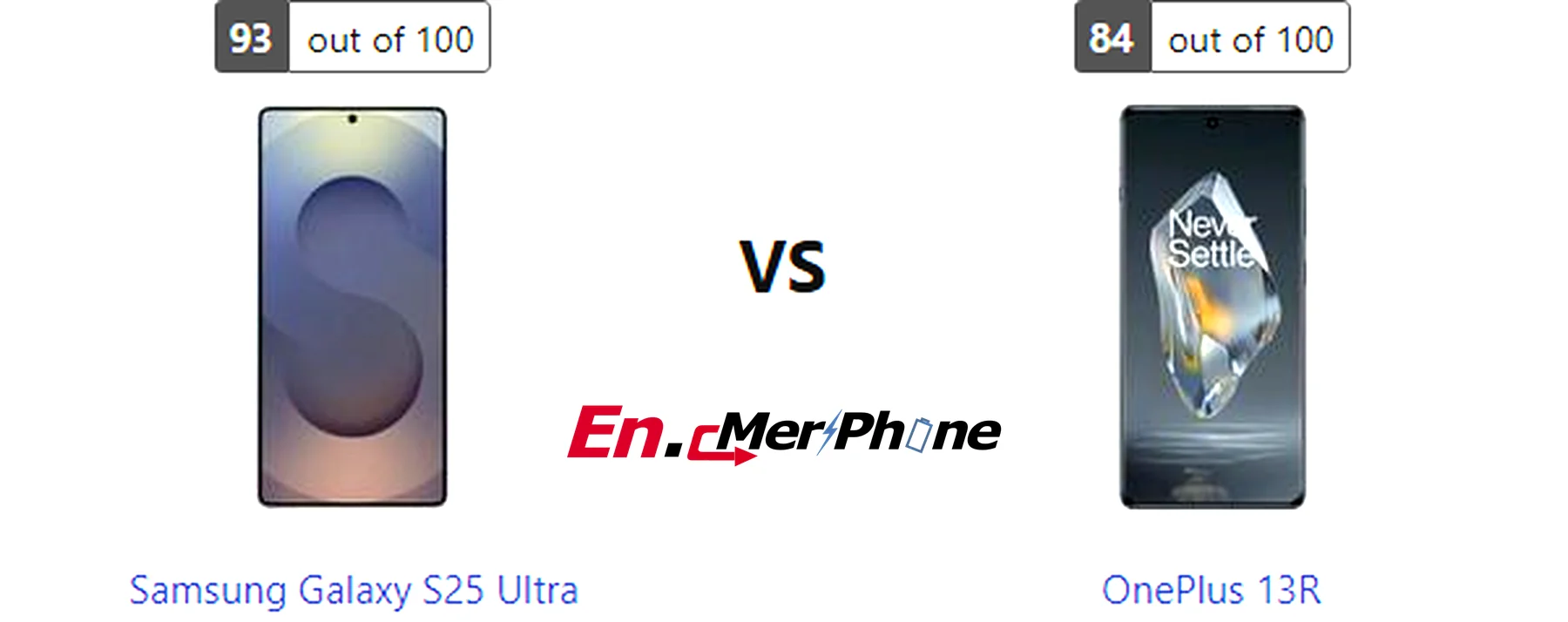 Infographic showing key specification differences between Samsung Galaxy S25 Ultra and OnePlus 13R