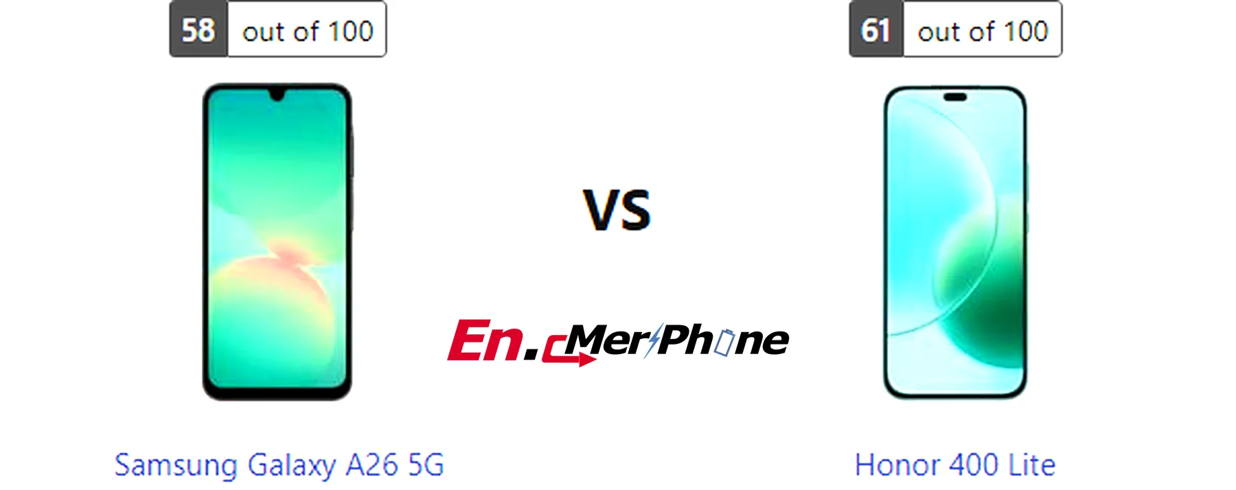 Side-by-side comparison image of Samsung Galaxy A26 5G and Honor 400 Lite front display