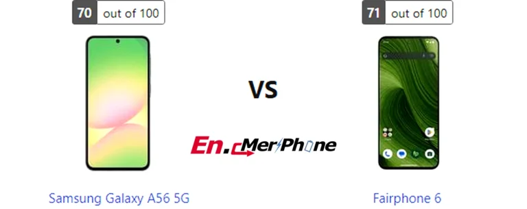 Infographic showing key specification differences between Samsung Galaxy A56 5G and Fairphone 6