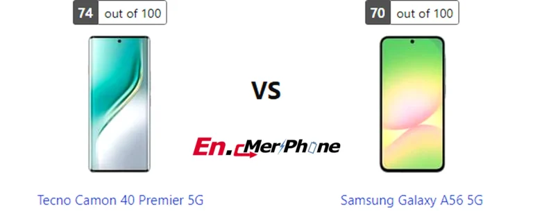 Side-by-side comparison image of Tecno Camon 40 Premier 5G and Samsung Galaxy A56 5G front display