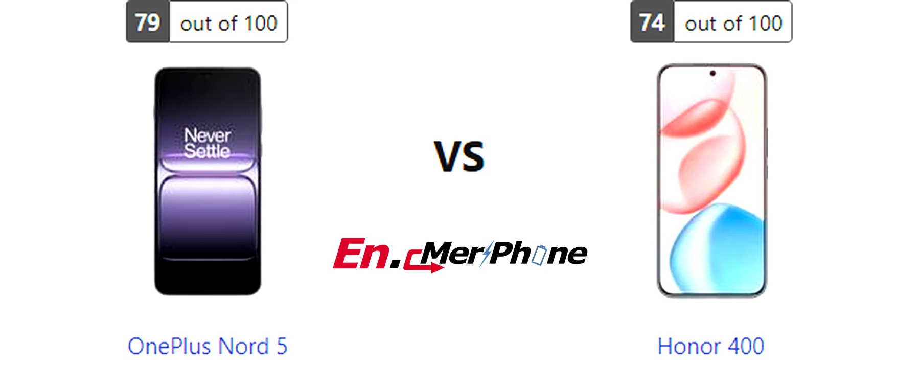 Infographic showing key specification differences between OnePlus Nord 5 and Honor 400